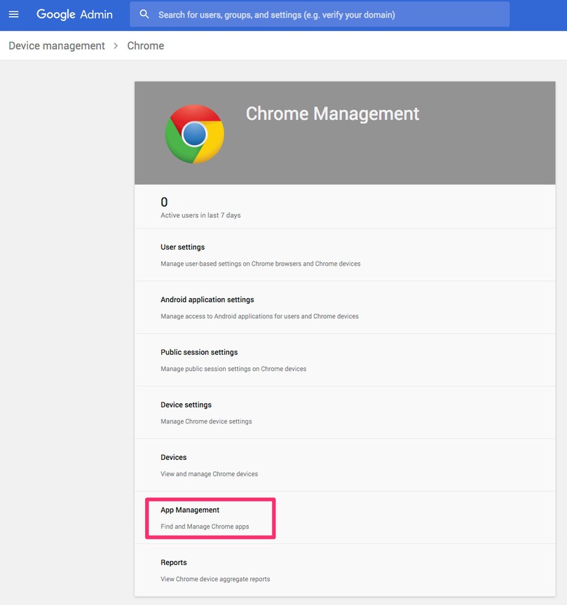 On Chrome Management select App Management